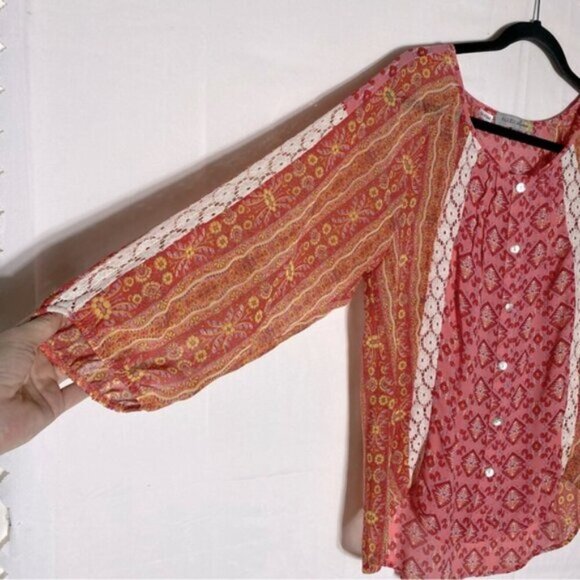 Figueroa And Flower Orange Link Multi Print Semi Sheer Long Sleeve Boho Blouse M - Picture 12 of 15